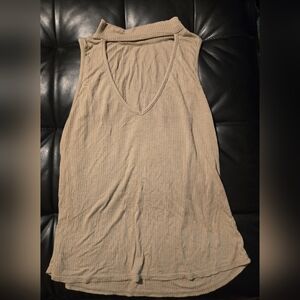 Beige Sleeveless Ribbed Lightweight V-Neck Top